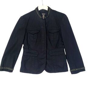 DKNY Womens Jacket SZ 4 Beads Hook Closure Black Navy Long‎ Sleeves Pockets